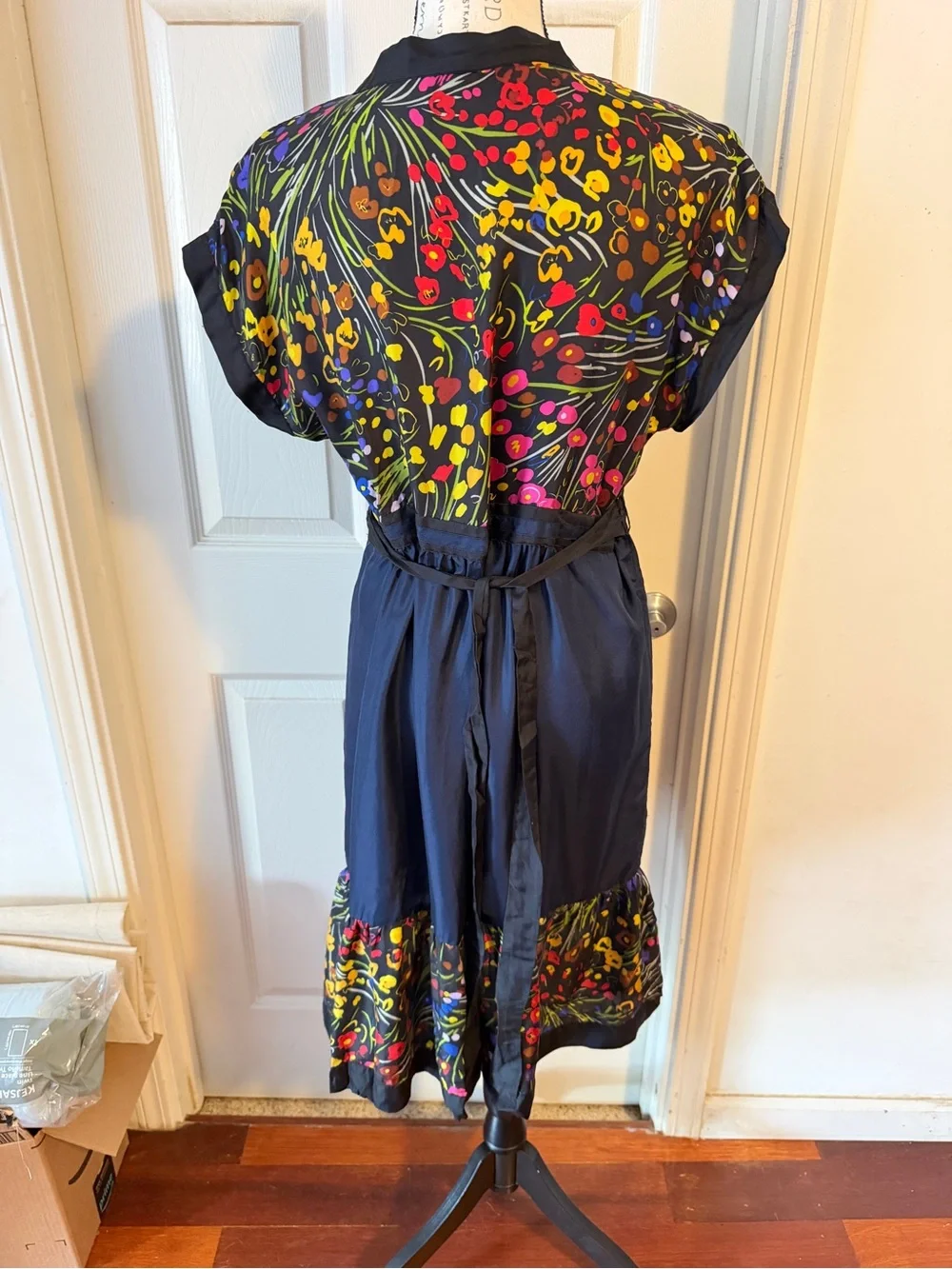 Anthropologie Navy Embroidered Midi Dress with Multicolor Floral Detail